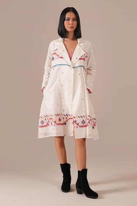 Indigo Dreams_Ivory Cotton Embroidery Jamdani Handwoven Coat Dress Set _Online_at_Aza_Fashions