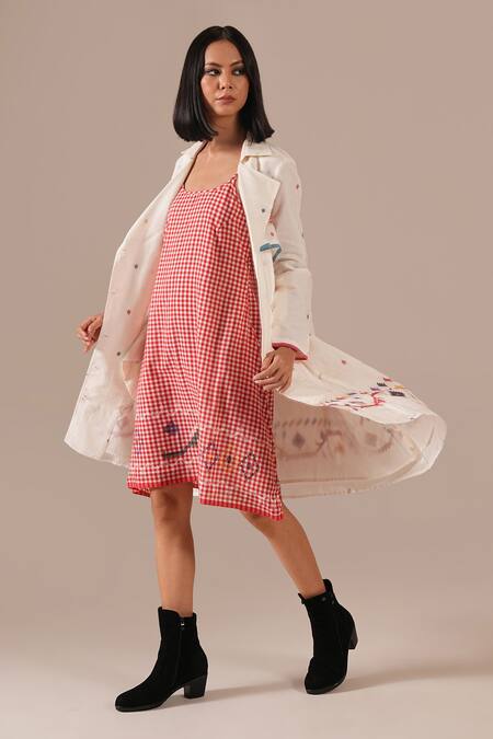 Shop_Indigo Dreams_Ivory Cotton Embroidery Jamdani Handwoven Coat Dress Set _Online_at_Aza_Fashions