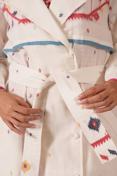 Indigo Dreams_Ivory Cotton Embroidery Jamdani Handwoven Coat Dress Set _at_Aza_Fashions