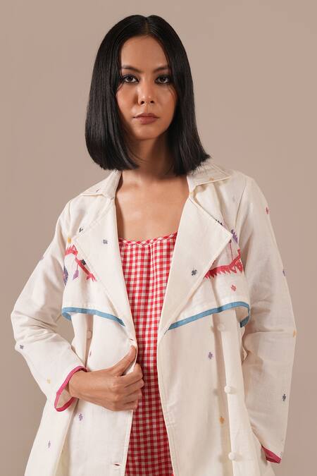 Buy_Indigo Dreams_Ivory Cotton Embroidery Jamdani Handwoven Coat Dress Set 