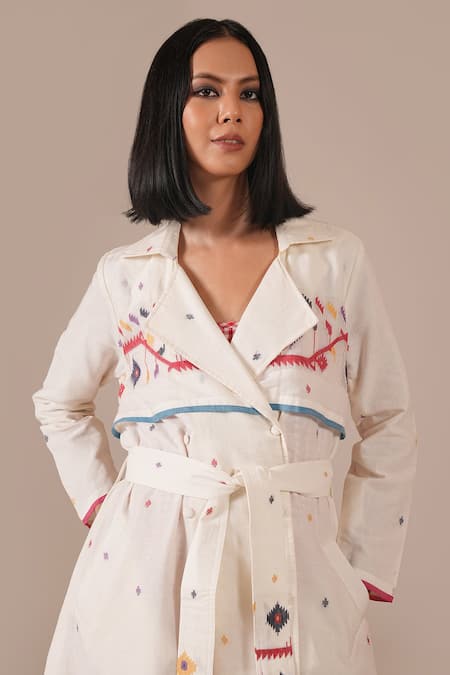 Shop_Indigo Dreams_Ivory Cotton Embroidery Jamdani Handwoven Coat Dress Set 