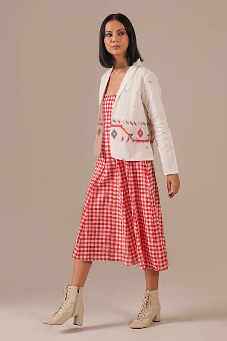 Indigo Dreams_Red Cotton Embroidery Square Neck, Shawl Gingham Midi Dress And Jamdani Jacket Set _Online_at_Aza_Fashions