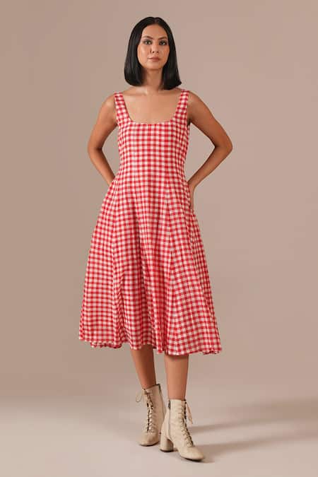 Buy_Indigo Dreams_Red Cotton Embroidery Square Neck, Shawl Gingham Midi Dress And Jamdani Jacket Set _Online_at_Aza_Fashions