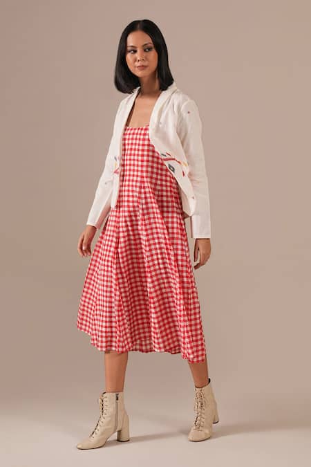 Shop_Indigo Dreams_Red Cotton Embroidery Square Neck, Shawl Gingham Midi Dress And Jamdani Jacket Set _Online_at_Aza_Fashions