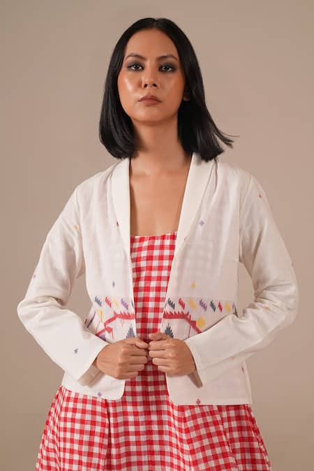 Indigo Dreams_Red Cotton Embroidery Square Neck, Shawl Gingham Midi Dress And Jamdani Jacket Set _at_Aza_Fashions