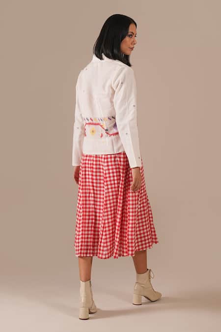 Buy_Indigo Dreams_Red Cotton Embroidery Square Neck, Shawl Gingham Midi Dress And Jamdani Jacket Set 