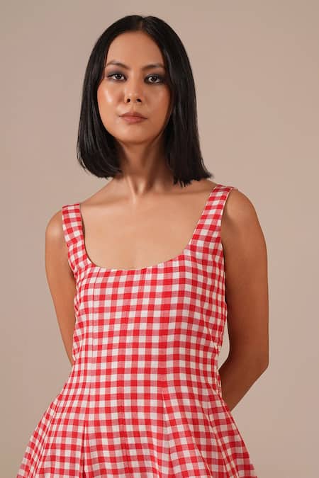 Shop_Indigo Dreams_Red Cotton Embroidery Square Neck, Shawl Gingham Midi Dress And Jamdani Jacket Set 