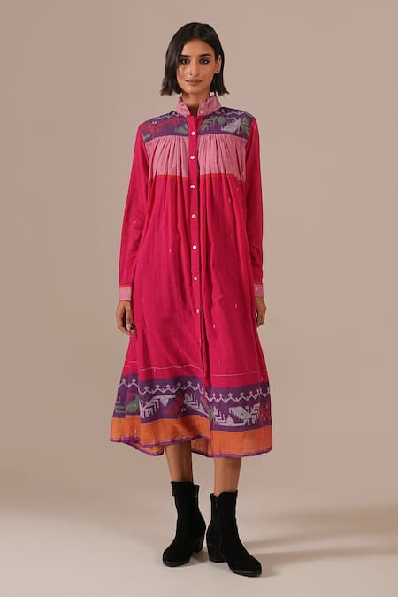 Indigo Dreams_Multi Color Cotton High Neck, Collared Tiered Shirt Dress With Belt _Online_at_Aza_Fashions