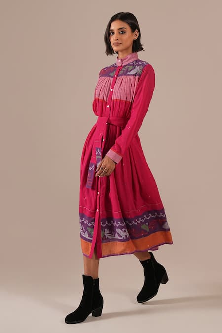 Buy_Indigo Dreams_Multi Color Cotton High Neck, Collared Tiered Shirt Dress With Belt _Online_at_Aza_Fashions