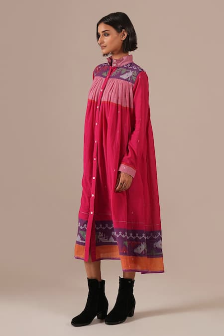 Shop_Indigo Dreams_Multi Color Cotton High Neck, Collared Tiered Shirt Dress With Belt _Online_at_Aza_Fashions