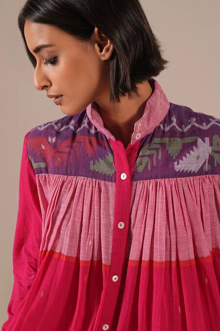 Buy_Indigo Dreams_Multi Color Cotton High Neck, Collared Tiered Shirt Dress With Belt 