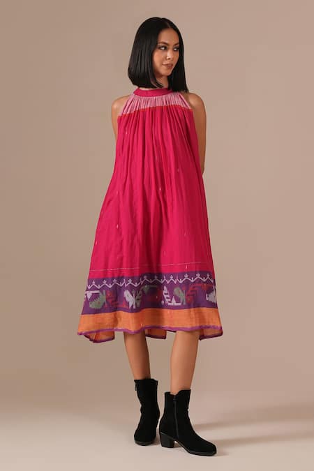 Indigo Dreams_Pink Cotton Embroidery Halter Neck Jamdani Gathered Midi Dress And Belt Set _Online_at_Aza_Fashions