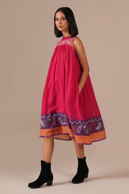Buy_Indigo Dreams_Pink Cotton Embroidery Halter Neck Jamdani Gathered Midi Dress And Belt Set _Online_at_Aza_Fashions