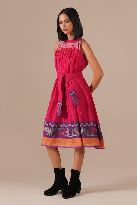 Indigo Dreams_Pink Cotton Embroidery Halter Neck Jamdani Gathered Midi Dress And Belt Set _at_Aza_Fashions