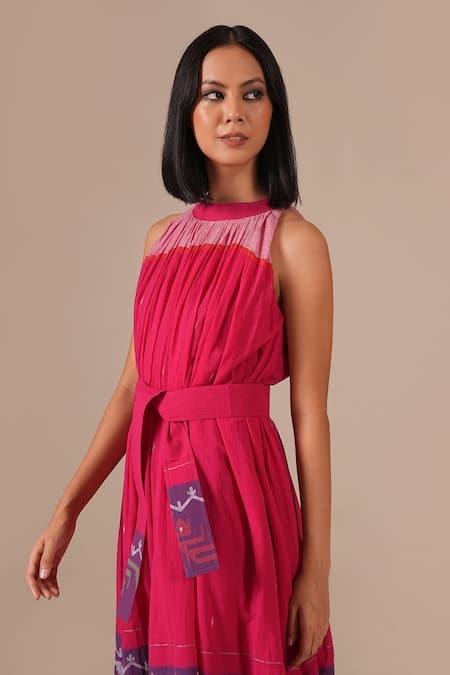 Buy_Indigo Dreams_Pink Cotton Embroidery Halter Neck Jamdani Gathered Midi Dress And Belt Set 