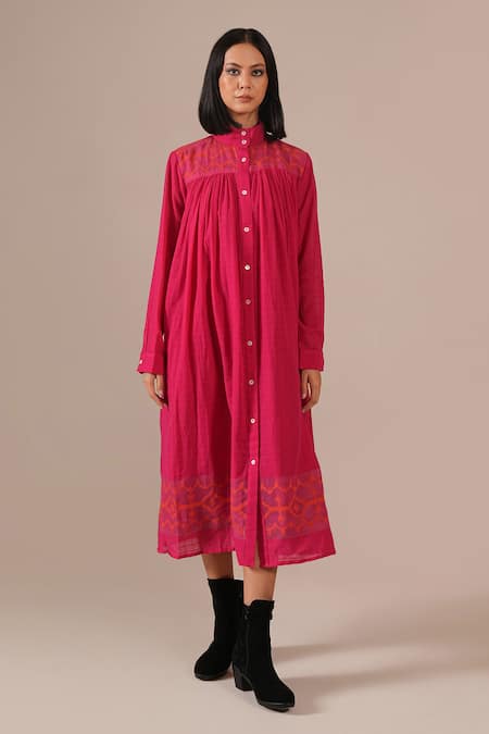 Buy_Indigo Dreams_Pink Cotton Collared, High Neck Handwoven Jamdani Tiered Shirt Dress _Online_at_Aza_Fashions