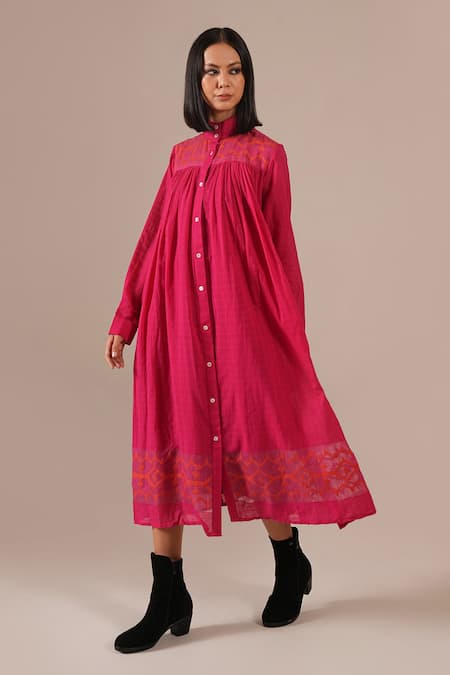 Shop_Indigo Dreams_Pink Cotton Collared, High Neck Handwoven Jamdani Tiered Shirt Dress _Online_at_Aza_Fashions