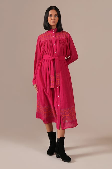 Indigo Dreams_Pink Cotton Collared, High Neck Handwoven Jamdani Tiered Shirt Dress _at_Aza_Fashions