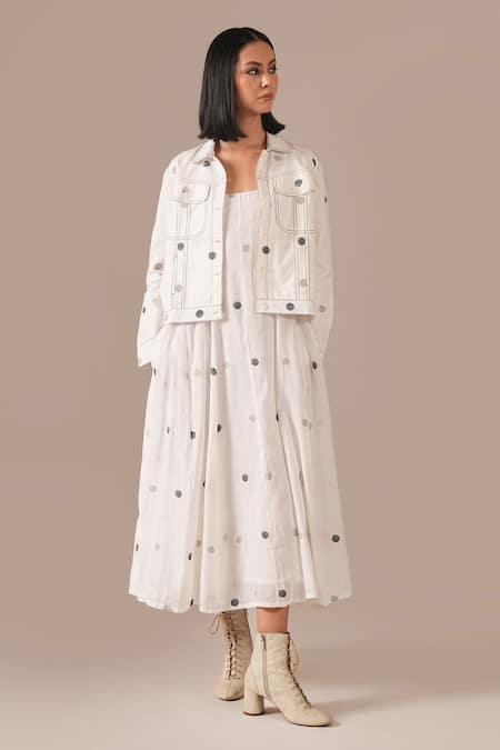 Indigo Dreams_Ivory Cotton Square Neck, Collared Jamdani Polka Dot Dress With Jacket _Online_at_Aza_Fashions