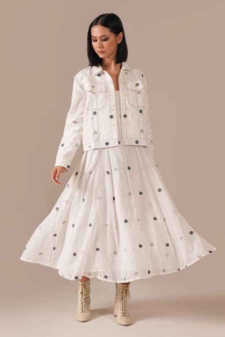 Buy_Indigo Dreams_Ivory Cotton Square Neck, Collared Jamdani Polka Dot Dress With Jacket _Online_at_Aza_Fashions