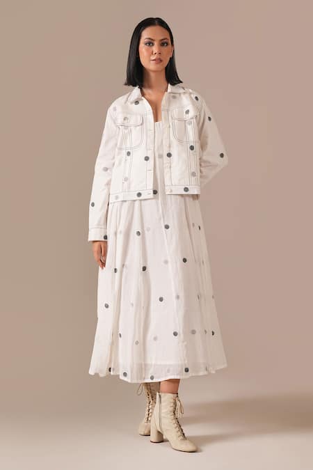 Shop_Indigo Dreams_Ivory Cotton Square Neck, Collared Jamdani Polka Dot Dress With Jacket _Online_at_Aza_Fashions