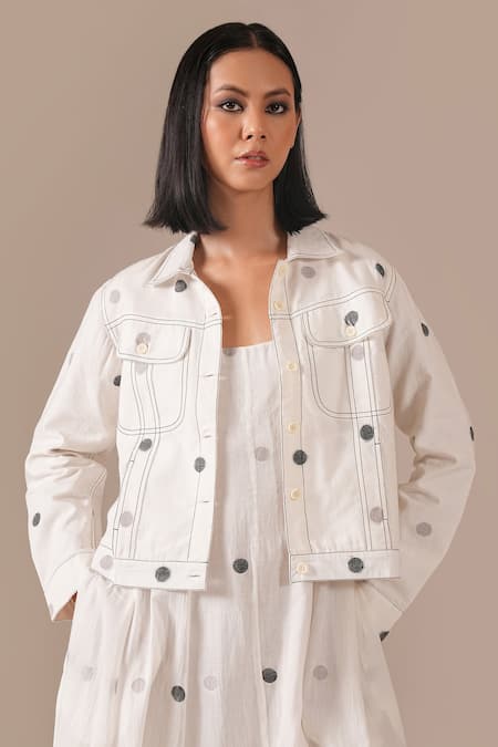 Indigo Dreams_Ivory Cotton Square Neck, Collared Jamdani Polka Dot Dress With Jacket _at_Aza_Fashions