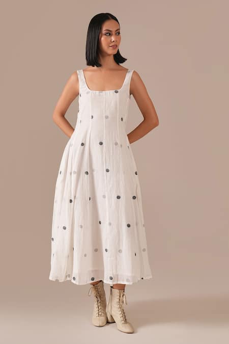Indigo Dreams_Multi Color Cotton Square Neck Jamdani Polka Dot Fit And Flare Midi Dress _Online_at_Aza_Fashions