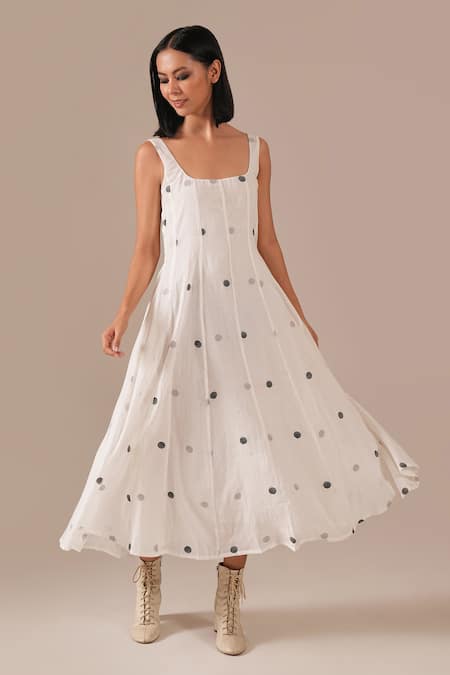 Indigo Dreams Jamdani Polka Dot Fit & Flare Midi Dress 