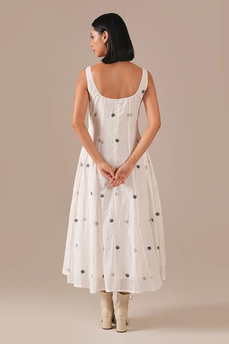 Indigo Dreams Jamdani Polka Dot Fit & Flare Midi Dress 