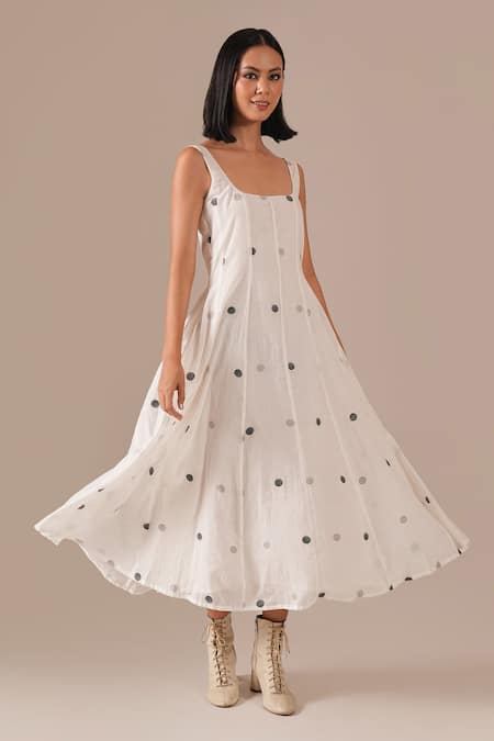 Buy_Indigo Dreams_Multi Color Cotton Square Neck Jamdani Polka Dot Fit And Flare Midi Dress _Online_at_Aza_Fashions