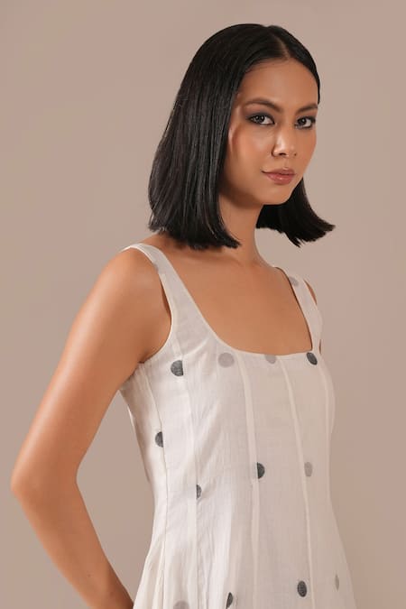 Shop_Indigo Dreams_Multi Color Cotton Square Neck Jamdani Polka Dot Fit And Flare Midi Dress _Online_at_Aza_Fashions