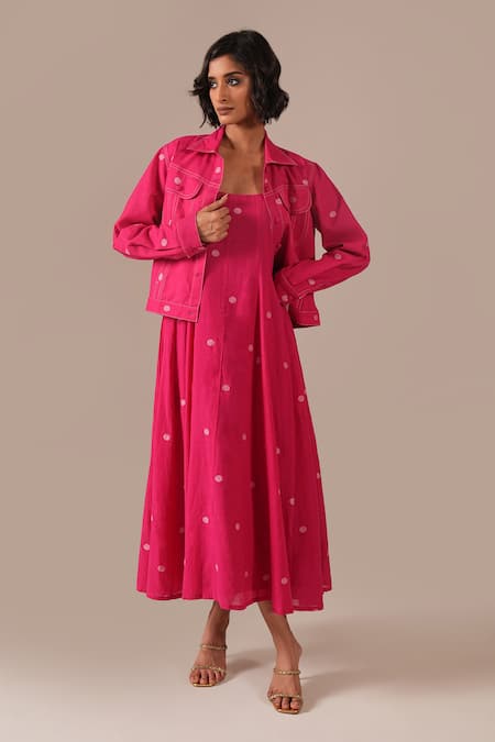 Indigo Dreams_Pink Cotton Embroidery Square Neck, Collared Jamdani Polka Dot Dress With Jacket _Online_at_Aza_Fashions