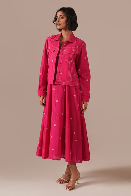 Buy_Indigo Dreams_Pink Cotton Embroidery Square Neck, Collared Jamdani Polka Dot Dress With Jacket _Online_at_Aza_Fashions