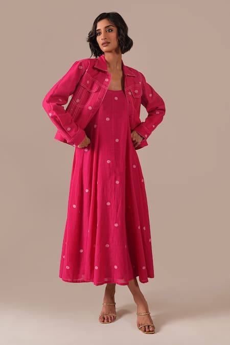 Shop_Indigo Dreams_Pink Cotton Embroidery Square Neck, Collared Jamdani Polka Dot Dress With Jacket _Online_at_Aza_Fashions