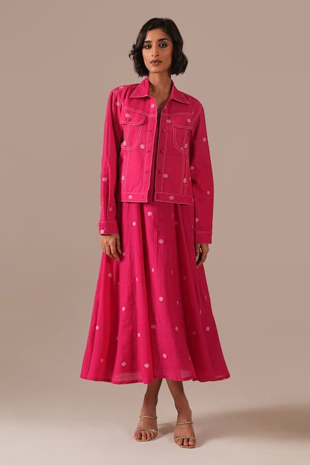 Indigo Dreams_Pink Cotton Embroidery Square Neck, Collared Jamdani Polka Dot Dress With Jacket _at_Aza_Fashions