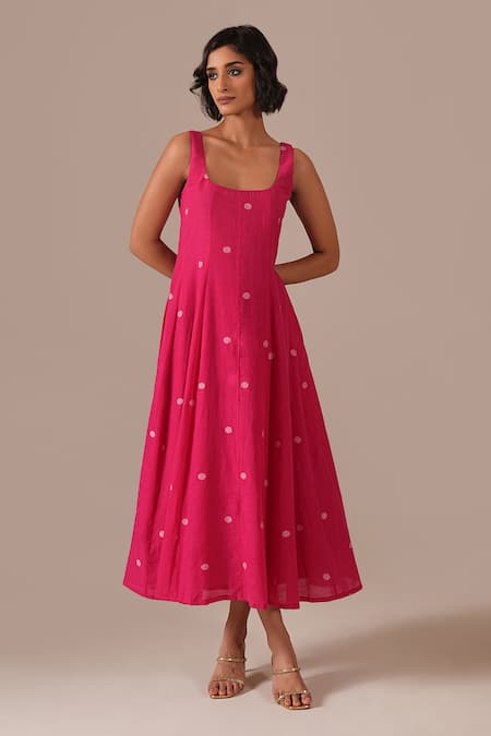 Indigo Dreams Jamdani Polka Dot Fit & Flare Midi Dress 