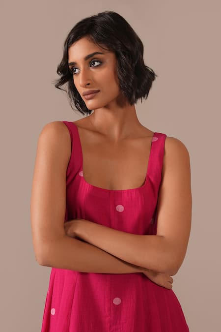 Buy_Indigo Dreams_Pink Cotton Square Neck Jamdani Polka Dot Fit And Flare Midi Dress _Online_at_Aza_Fashions