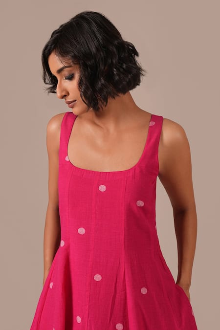 Shop_Indigo Dreams_Pink Cotton Square Neck Jamdani Polka Dot Fit And Flare Midi Dress _Online_at_Aza_Fashions