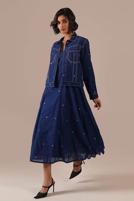 Indigo Dreams Blue Cotton Embroidery Square Neck, Collared Jamdani Fit-flare Dress With Jacket Online at Aza Fashions Indigo Dreams_Blue Cotton Embroidery Square Neck, Collared Jamdani Fit-flare Dress With Jacket _Online_at_Aza_Fashions