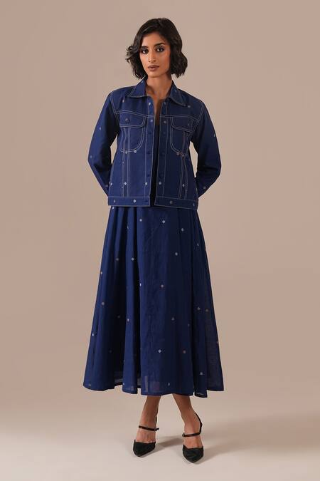 Buy Indigo Dreams Blue Cotton Embroidery Square Neck, Collared Jamdani Fit-flare Dress With Jacket Online at Aza Fashions Buy_Indigo Dreams_Blue Cotton Embroidery Square Neck, Collared Jamdani Fit-flare Dress With Jacket _Online_at_Aza_Fashions