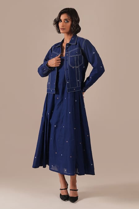 Shop Indigo Dreams Blue Cotton Embroidery Square Neck, Collared Jamdani Fit-flare Dress With Jacket Online at Aza Fashions Shop_Indigo Dreams_Blue Cotton Embroidery Square Neck, Collared Jamdani Fit-flare Dress With Jacket _Online_at_Aza_Fashions