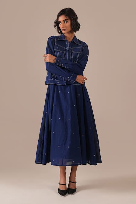 Indigo Dreams Blue Cotton Embroidery Square Neck, Collared Jamdani Fit-flare Dress With Jacket at Aza Fashions Indigo Dreams_Blue Cotton Embroidery Square Neck, Collared Jamdani Fit-flare Dress With Jacket _at_Aza_Fashions