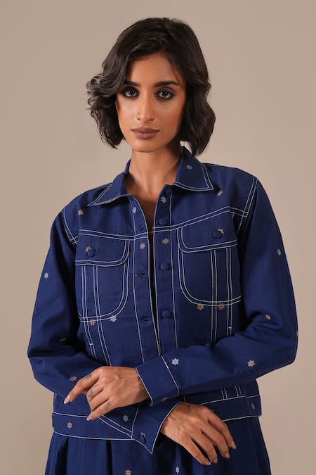 Buy Indigo Dreams Blue Cotton Embroidery Square Neck, Collared Jamdani Fit-flare Dress With Jacket Buy_Indigo Dreams_Blue Cotton Embroidery Square Neck, Collared Jamdani Fit-flare Dress With Jacket