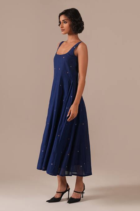 Indigo Dreams_Blue Cotton Embroidery Square Neck Jamdani Fit And Flare Midi Dress _Online_at_Aza_Fashions