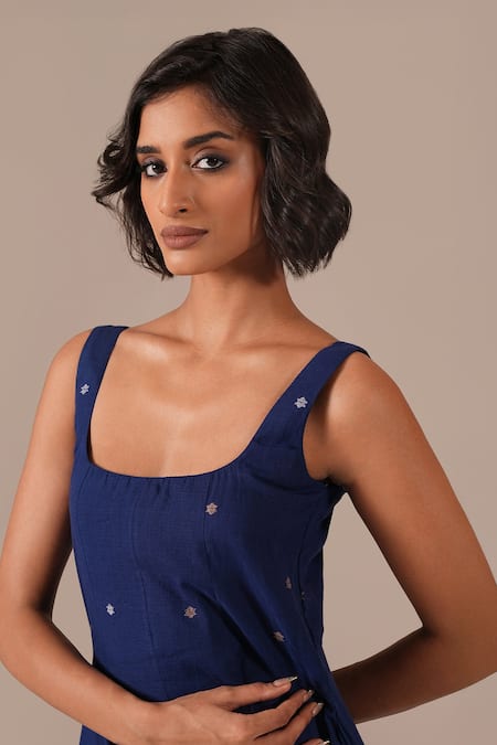 Buy_Indigo Dreams_Blue Cotton Embroidery Square Neck Jamdani Fit And Flare Midi Dress _Online_at_Aza_Fashions