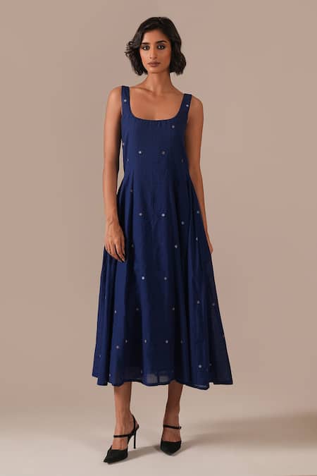 Indigo Dreams Jamdani Fit & Flare Midi Dress 