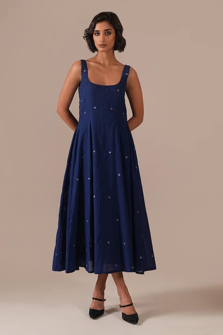 Shop_Indigo Dreams_Blue Cotton Embroidery Square Neck Jamdani Fit And Flare Midi Dress _Online_at_Aza_Fashions