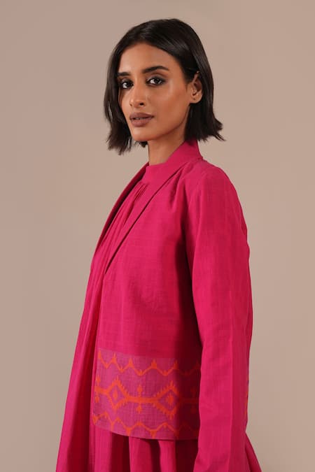Indigo Dreams_Pink Cotton Halter , Open Gathered Dress With Jacket _Online_at_Aza_Fashions