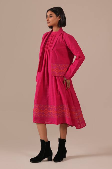 Shop_Indigo Dreams_Pink Cotton Halter , Open Gathered Dress With Jacket _Online_at_Aza_Fashions