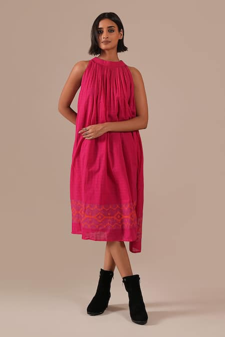 Indigo Dreams Handwoven Jamdani Gathered Halter Neck Dress 